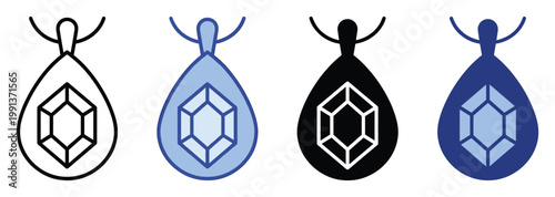 Stylish teardrop pendant with geometric gemstone icon set representing jewelry accessories or precious treasures for various applications