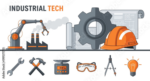 Flat Illustration of Industrial technology and manufacturing tools.
