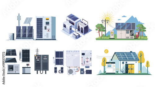 Solar inverter power box and transformer combined vector illustration renewable energy equipment system clean technology electrical component design