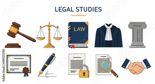 Legal studies and law profession icons.