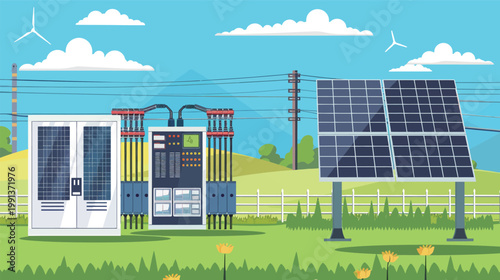 Solar inverter power box and transformer combined vector illustration renewable energy equipment system clean technology electrical component design