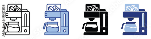 Coffee maker appliance icons featuring fresh beans and brewed coffee pot for breakfast and cafe graphics