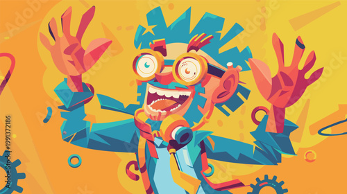 Mechanical cow head figure exaggerated on solid color background vector illustration futuristic robotic animal design bold modern concept