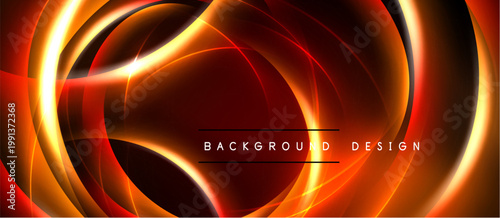 Abstract design features vibrant orange, red curves. Dark background enhances glowing effect. Modern, dynamic visual composition.