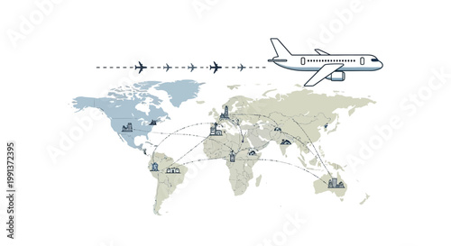 Airplane flying over world map with flight path.
