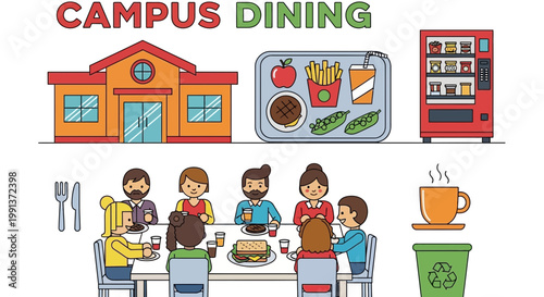 Students enjoying campus dining hall meal.