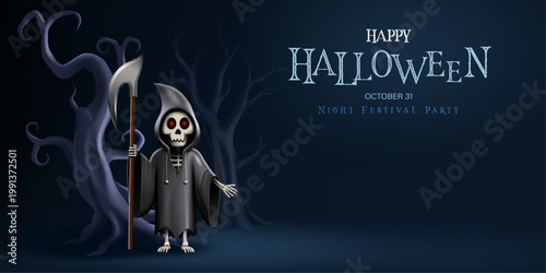 danger grim reaper character under dead tree.dark haunted background decor happy halloween festival night party concept 3d vector illustration banner, invitation card.
