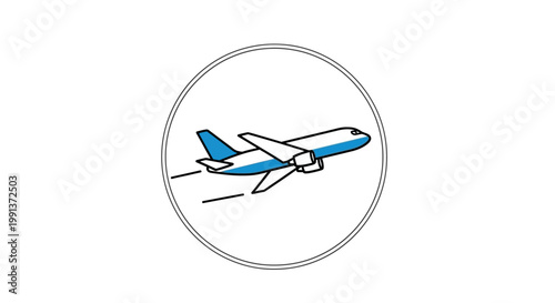 Airplane taking off in a circular frame illustration.