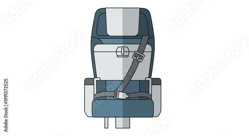 Airplane seat with seatbelt fastened for travel safety.