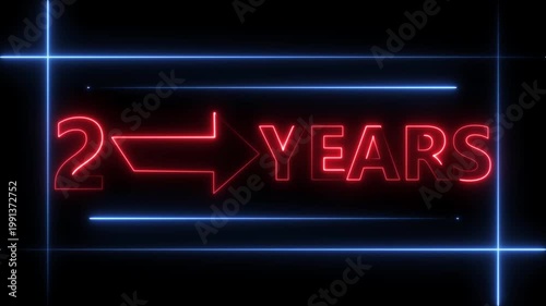 Arrow line 2 years neon light red color animation dynamic text. Rectangle from line 2 years warranty label badge design on  black background.