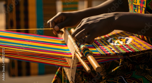 Close up shot of hands operating a traditional wooden loom with bright colorful threads creating a complex fabric