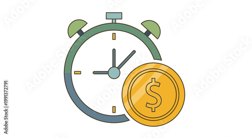 Alarm Clock With Gold Coin Symbolizing Time Is Money Concept.