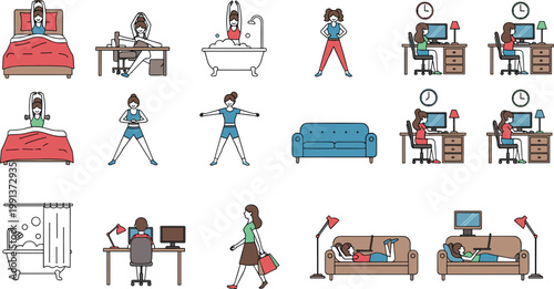 Daily routine activities set with waking working exercising relaxing and sleeping lifestyle vector illustration collection isolated