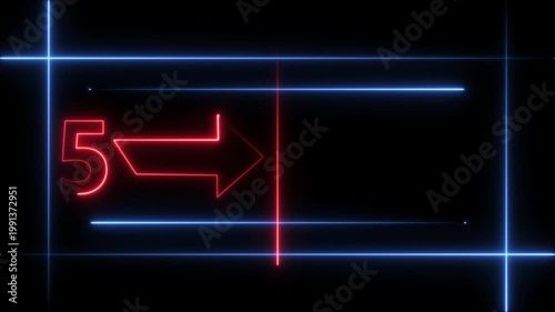 Arrow line 5 years neon light red color animation dynamic text. Rectangle from line 5 years warranty label badge design on  black background.