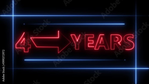 Arrow line 4 years neon light red color animation dynamic text. Rectangle from line 4 years warranty label badge design on  black background.