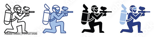 Dynamic paintball player icon in tactical kneeling position ready for action, perfect for sports event promotions and gaming app interfaces