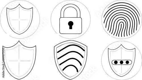 Vector icons of shield lock password and fingerprint for security and protection concepts