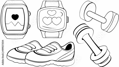 Vector icons of fitness tracker heart rate monitor dumbbells and sneakers for healthy lifestyle and workout routine