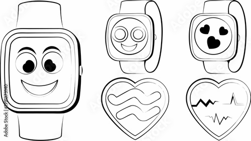 Vector smartwatch icons with heart rate symbols and smiling faces for health apps and fitness tracking technology