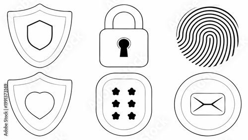 Vector icons of security symbols including shield lock fingerprint password and email on white background
