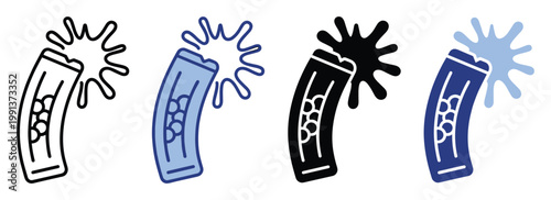Dynamic fluid discharge from a bent tube icon set symbolizing energy release for various graphic applications