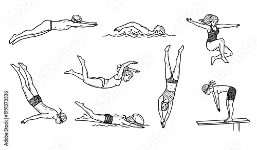 Diving people doodle vector set swimming jumping figures outline illustration