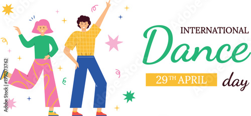 A vibrant illustration celebrating International Dance Day with a man and woman dancing together