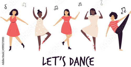 A group of diverse women dancing together with musical notes around them