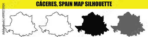 Caceres spain map silhouette set with black solid shape outline version and dotted pattern isolated on transparent background.