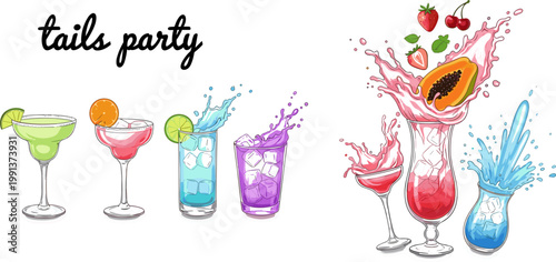 Colorful Cocktail Party Drink Set with Margarita Splash Papaya Strawberry Cherry and Tropical Summer Beverage Bar Design