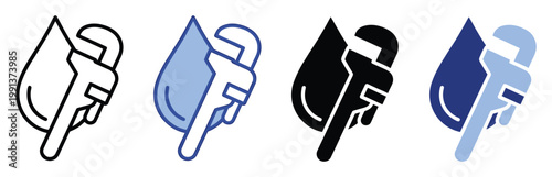 Water drop and pipe wrench icon set for plumbing service and home repair applications