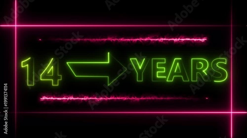 Abstract count 14 -years neon bright sign lime green color animation. Neon great celebrates year animation 4k video.