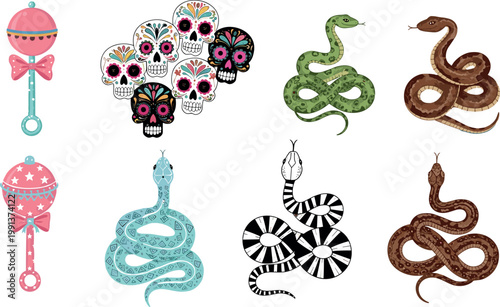 Decorative skulls snakes and baby rattles set with colorful patterns animal and toy elements vector illustration collection
