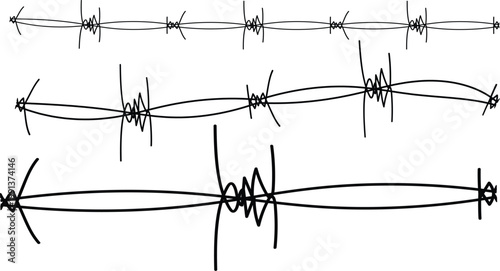 A close-up view of various barbed wire types on a white background