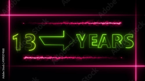 Abstract count 13 -years neon bright sign lime green color animation. Neon great celebrates year animation 4k video.