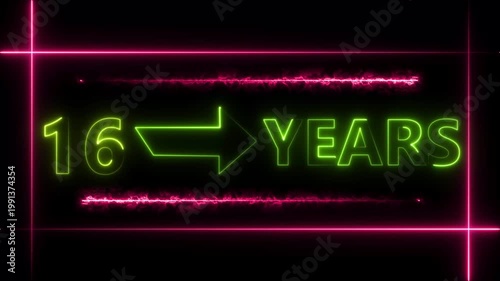 Abstract count 16 -years neon bright sign lime green color animation. Neon great celebrates year animation 4k video.