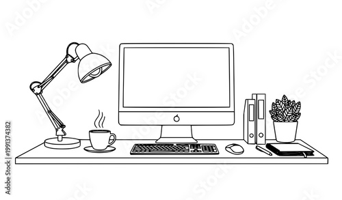 Modern office desk line art coloring page with computer workspace setup vector illustration isolated on white