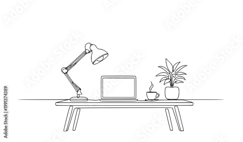 Continuous line modern office desk coloring page with minimal workspace illustration single line vector design