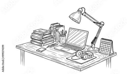 Detailed modern workspace desk coloring page with laptop books and office accessories hand drawn line art vector