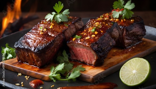 smoked chili-lime beef short ribs on a wooden board