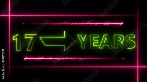 Abstract count 17 -years neon bright sign lime green color animation. Neon great celebrates year animation 4k video.