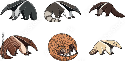 Anteater and pangolin animal collection with different poses, exotic wildlife mammals set vector illustration isolated
