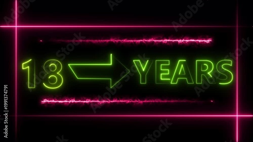 Abstract count 18 -years neon bright sign lime green color animation. Neon great celebrates year animation 4k video.