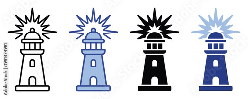 Lighthouse beacon illuminating nautical guidance safety navigation warning icon symbol set for marine applications