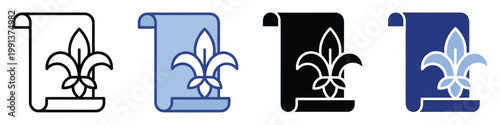 Illustrative fleurdelis symbol on a document scroll, perfect for heraldry designs, official seals, and web icons