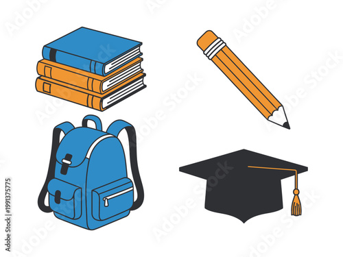 School Icon Set Color Style with Books Pencil Backpack and Graduation Cap