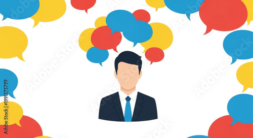 Businessman with speech bubbles.