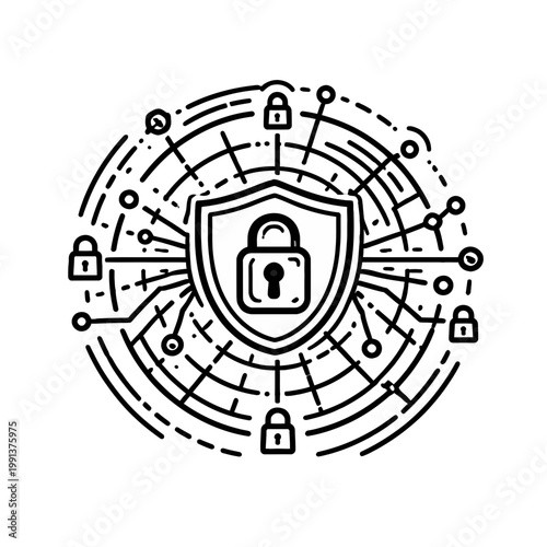 Cyber security shield icon representing data protection and network security with locks and nodes