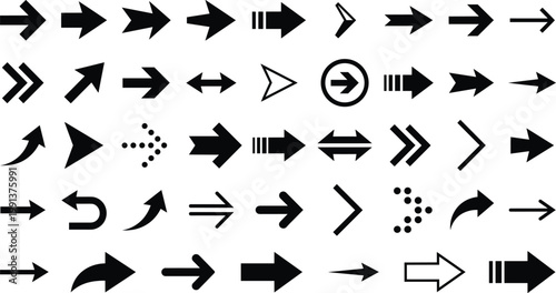 Collection of black arrow icons on transparent background for design and navigation purposes.