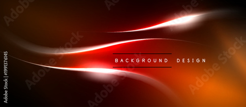 Abstract design features flowing lines, vibrant orange, red hues. Dark background emphasizes bright light streaks, modern aesthetic.